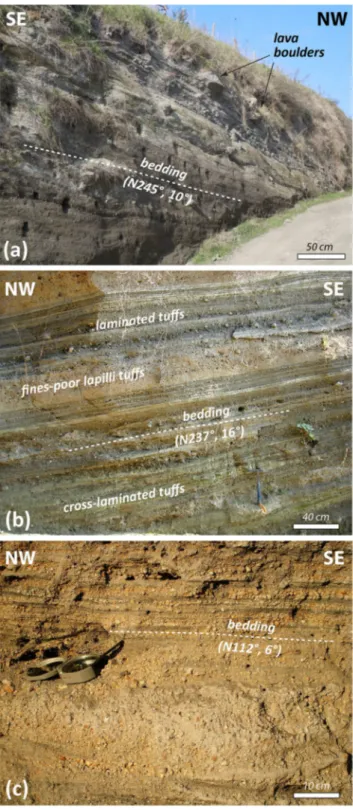 Fig. 2 Field exposures and characteristics of lithotypes from the Stracciacappa maar. a Bedding of the pyroclastic succession exposed along (and form) the rim