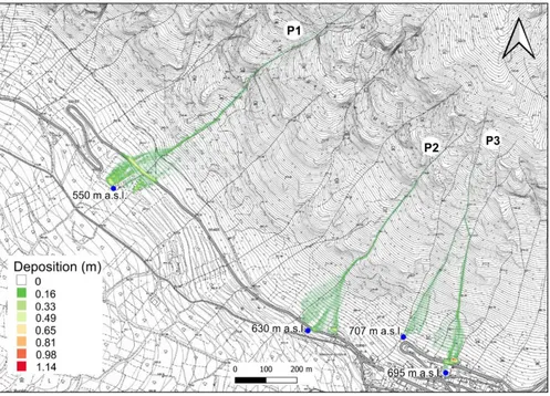 Figure 11. Colle della Croce flow deposition (m) in scenario 7. The altitude points (blue dots) refer to 