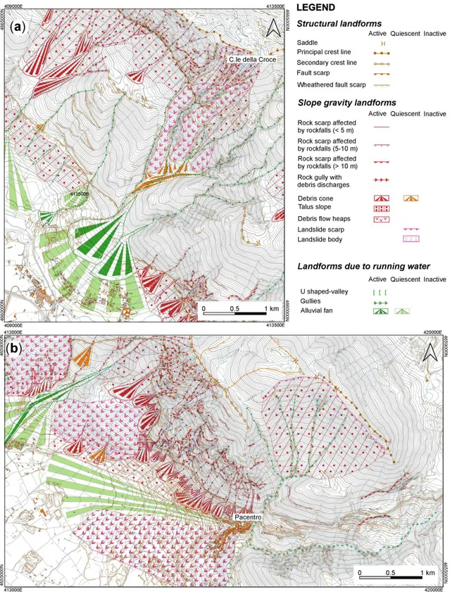 Figure 3. Geomorphological map extracted from Sciarra et al., 2018 [24] Colle della Croce area (a); 