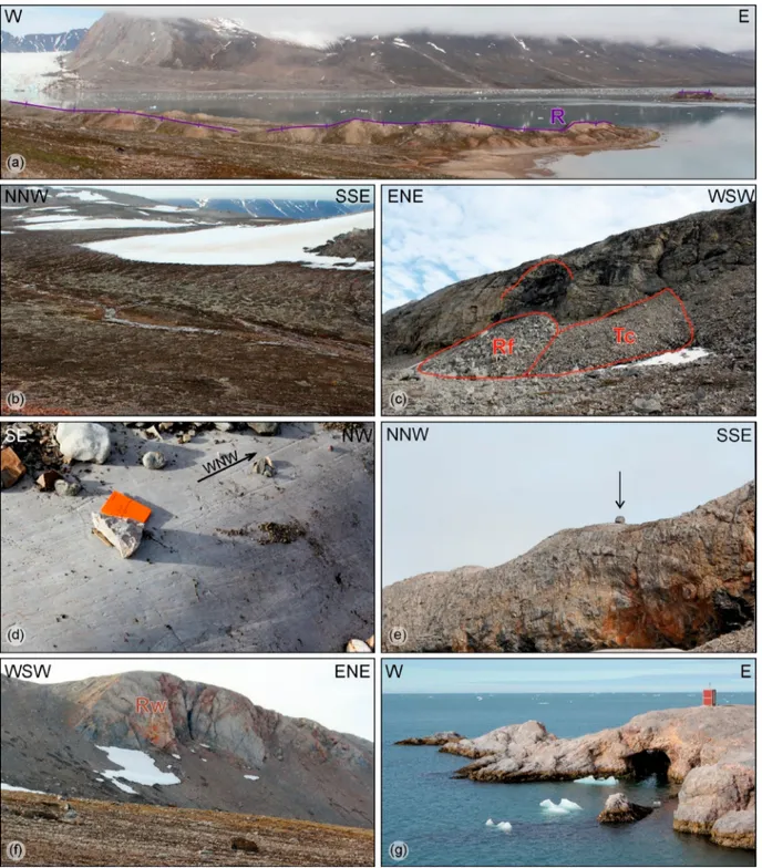 Figure 6. Quaternary deposits and landforms of the Blomstrandøya area. (a) Recessional moraine (R) related to the retreat of Blomstrandbreen in the NE side of the island ( Burton et al