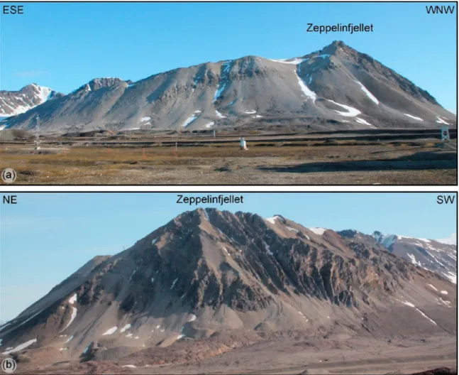 Figure 7. Panoramic view of the Zeppelinfjellet rock slope: (a) NE side, (b) NW side.