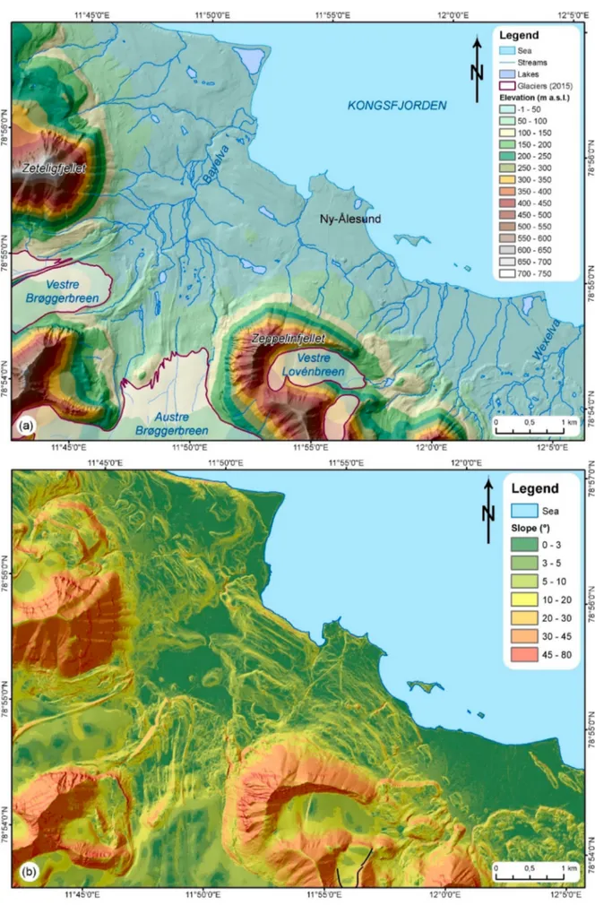 Figure 3. Orographic and hydrographic features of the Ny-Ålesund area (location in Figure 1 ); base data data from Norwegian Polan Institute ( https://geodata.npolar.no/ ).