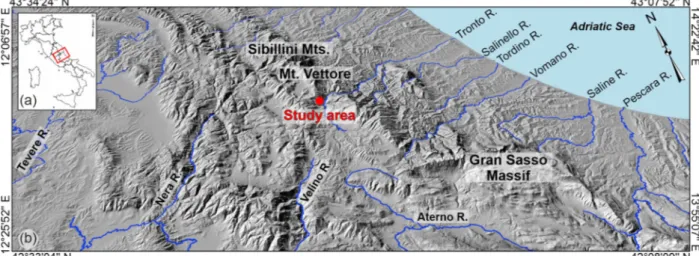 Figure 1. (a) Location map of the study area (red box) in Central Italy; (b) three-dimensional view (from 20 m DEM, SINAnet) of the Marche Region