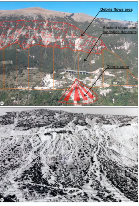 Figure 2. (a) Panoramic view of Pescara del Tronto area. Note the large debris ﬂow area above the inhabited village