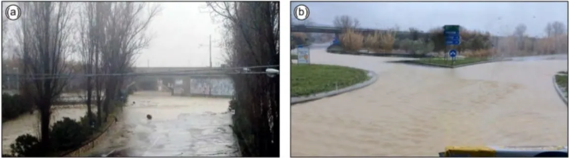 Figure 7. Some effects of the 2015 heavy rainfall event: (a) Feltrino Stream flooded out of the banks in  its terminal part and mouth area, and flooded a parking area [91]; (b) flooded roads [92]