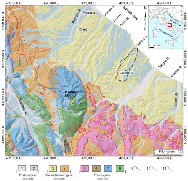 Figure 1. Geological sketch map of the northeast (NE) Abruzzo. Black line: The Feltrino Stream basin