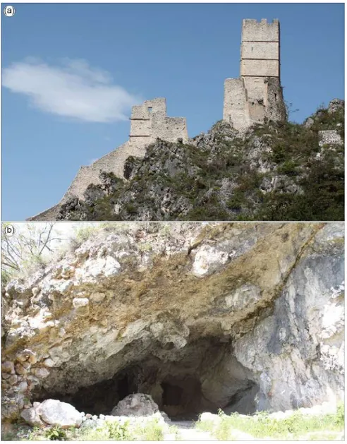 Figure 5. Roccacasale hillside: (a) remains of the Roccacasale castle, (b) S. Michele cave located above 