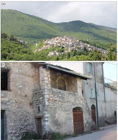 Figure 7. Prezza area: (a) the Prezza main village incorporating the old castle; (b) rural house in the 