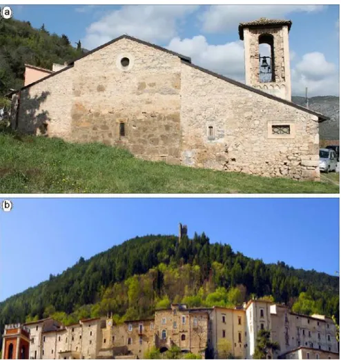 Figure 11. Vittorito area: (a) the San Michele Church; (b) the medieval castle above the present-day 
