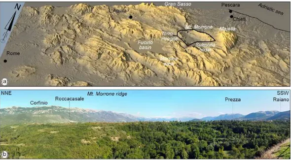 Figure 1. (a) Location Map of the Terre Peligne area (black line) within the central Apennines (three-