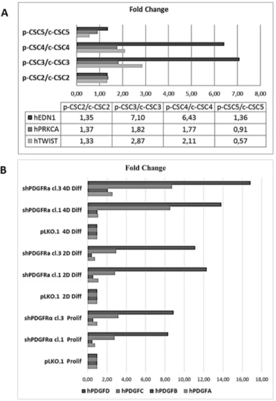 Figure 7: RT-qPCR analysis of EMT markers in several GBM CSCs and of PDGF isoforms profile in pCSC2 shPDGFRα  vs pLKO.1