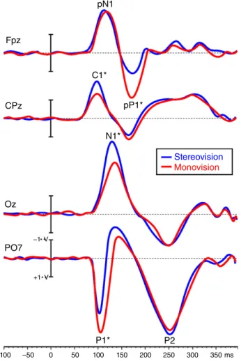 Figure 2. Grand-averaged waveforms from the VEP experiment for Stereovision and Monovision coditions