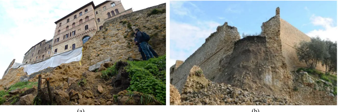 Fig. 1    Effects of the collapses on the Walls (a) of Volterra in 2014 and (b) of Magliano in 2012 (Linda Giresini ph.)