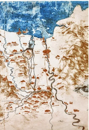Fig. 2  Walled cities on the Arno river. Representation of  Leonardo, sheet of the RL 12683 Charter of Windsor