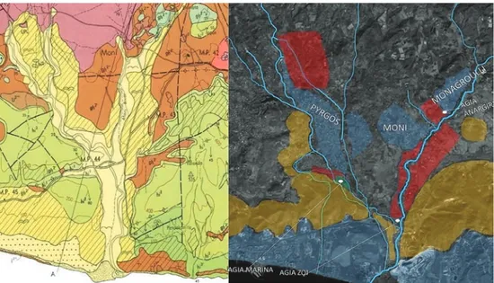 Figure 1: Geological map and satellite view of the area of the project.  