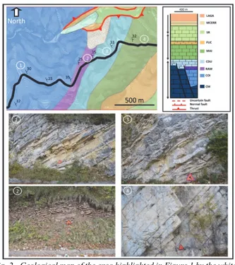 Fig. 2 - Geological map of the area highlighted in Figure 1 by the white  rectangle with the stratigraphic column (after Mattei, 1987) and  photographs of the four geological formations characterizing the  section of the SP52 road studied in this research