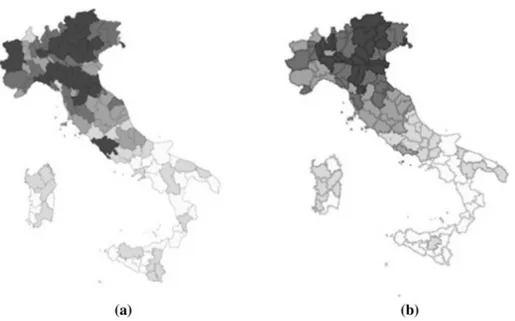 Fig. 2    Comparison between a the real  spatial distribution of regional GDP per capita and b the spatial  reranking based on the weighted average of neighbouring GDPs—Italy NUTS 3, year 2011