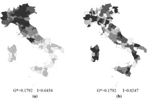 Fig. 1    Gini index G ∗  and Moran’s I computed for GDP per capita—Italian provinces (2011) a Real spatial 