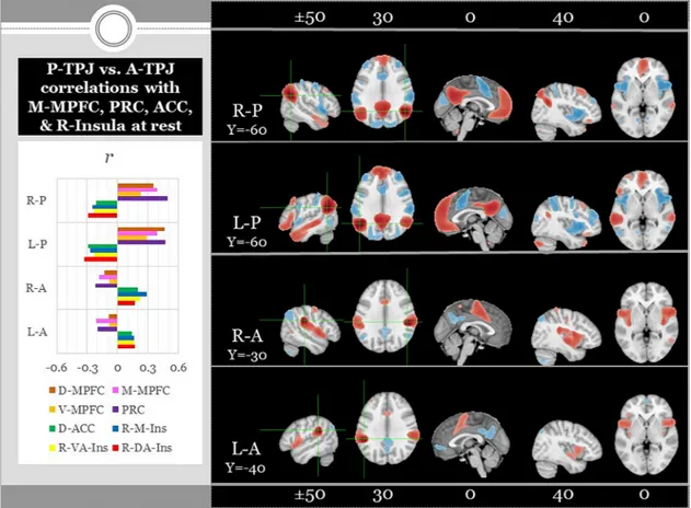 Fig. 10. Title: Resting state functional connectivity analysis examining bilateral anterior and posterior TPJ/IPL seed regions with M-MPFC, PRC, ACC, &amp; right insula