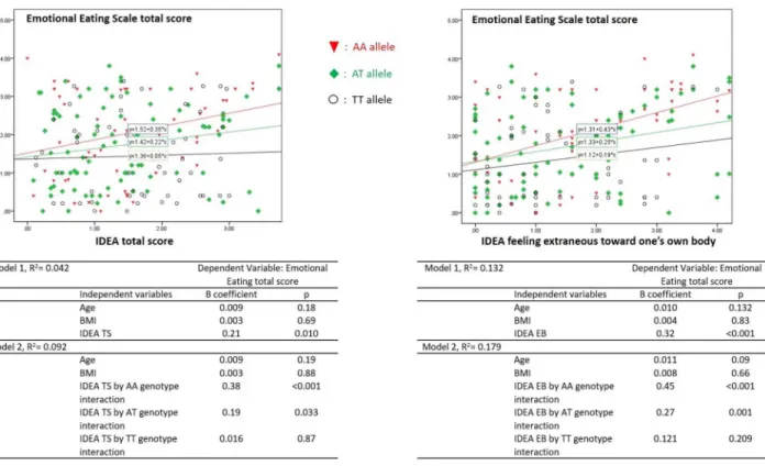 Fig 2. Relationship between IDEA scores and Emotional Eating in Eating Disorders patients (n: 250): moderating effect of FTO genotypes