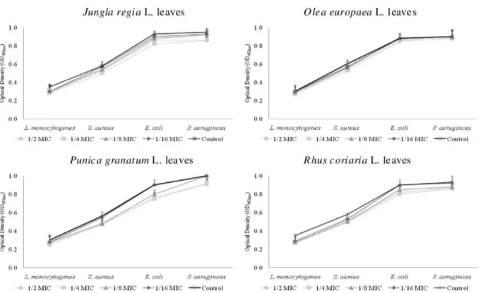 Fig. 2. Effect of different subMIC doses of plant extracts on planktonic bacterial growth on polystyrene microtitre plates
