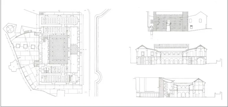 Fig. 9 - Melilla, Hospital del Rey, pianta del piano terra, prospetto meridionale, sezione longitudinale e trasversale (da «Diseñointerior», 1997).