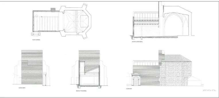 Fig. 12 - Valdemaqueda (Madrid), chiesa di San Lorenzo, pianta, prospetto meridionale, prospetto occidentale, sezione longitudinale e trasversale (da «On Diseño» 2001)