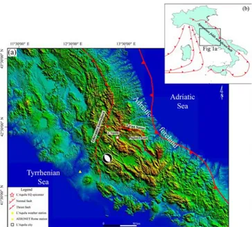 Figure 1. Simplified tectonic and topographic map of central Italy. (a) Digital elevation model from the Shuttle Radar Topography  Mis-sion (SRTM) data showing the epicenter of the 2009 L’Aquila  earth-quake (white star) along with its focal mechanism solu