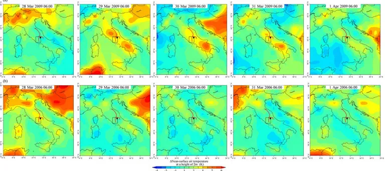 Figure 7. Spatial distribution of deviated near-surface air temperature at a height of 2 m (1TMP2m) at 06:00 UTC from 28 March to 1 April 2009 (a) and 2006 (b), respectively