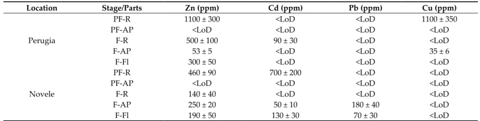 Table 4. Heavy metals (Zn, Cd, Pb and Cu) content of different parts of A. lutea collected from three different locations in Italy *