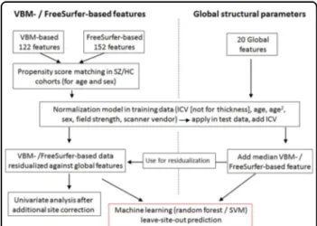 Fig. 1 Overview of analysis procedure. Subjects were ﬁrst propensity score matched and VBM- / FreeSurfer-based features were then normalized against potential confounders.
