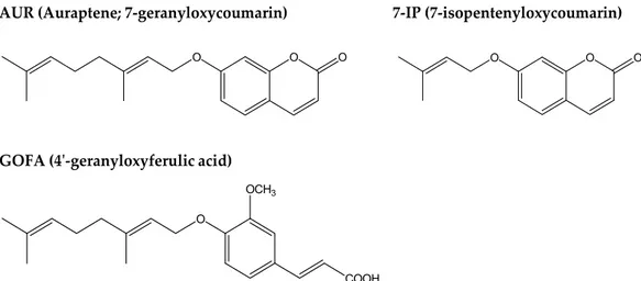Figure 1. Structures of 7-geranyloxycoumarin (auraptene; AUR), 7-isopentenyloxycoumarin (7-IP), 