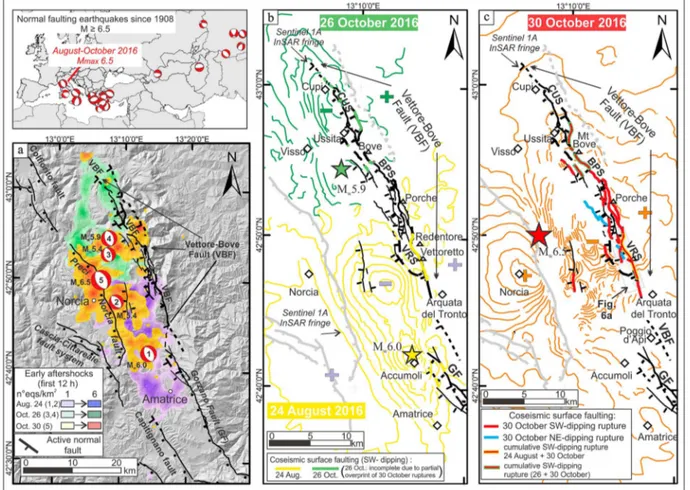 Figure 1. Location map of the Central Italy seismic sequence of 2016 and overall extent of the Mt