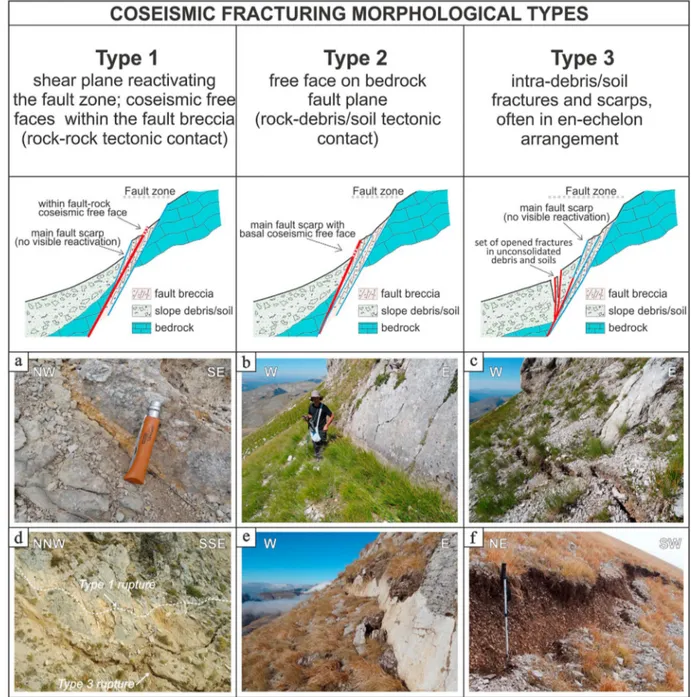 Figure 2. Sketches showing the three coseismic fracture types observed along the Vettoretto ‐Redentore fault segment (VRS), with ﬁeld examples of ruptures, related to the three types, caused by the 24 August, M w 6.0, (a –c) and the 30 October, M w 6.5, ea