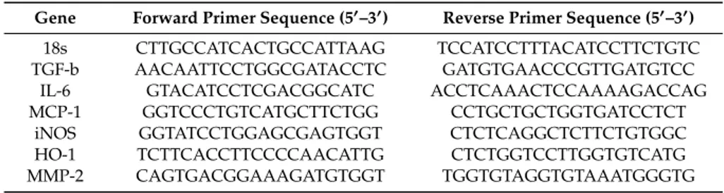 Table 1. Primer sequences. 18s: housekeeping gene 18s; TGF-β: transforming growth factor beta 1; IL-6: Interleukin-6; MCP-1: monocyte chemoattractant protein 1; iNOS: inducible nitric oxide synthase; HO-1: heme oxygenase; MMP-2: matrix metalloproteinase-2.