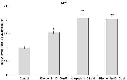 Figure  1.  Effect  of  kisspeptin-10  (100  nM–10  μM)  treatment  on  relative  gene  expression  of 