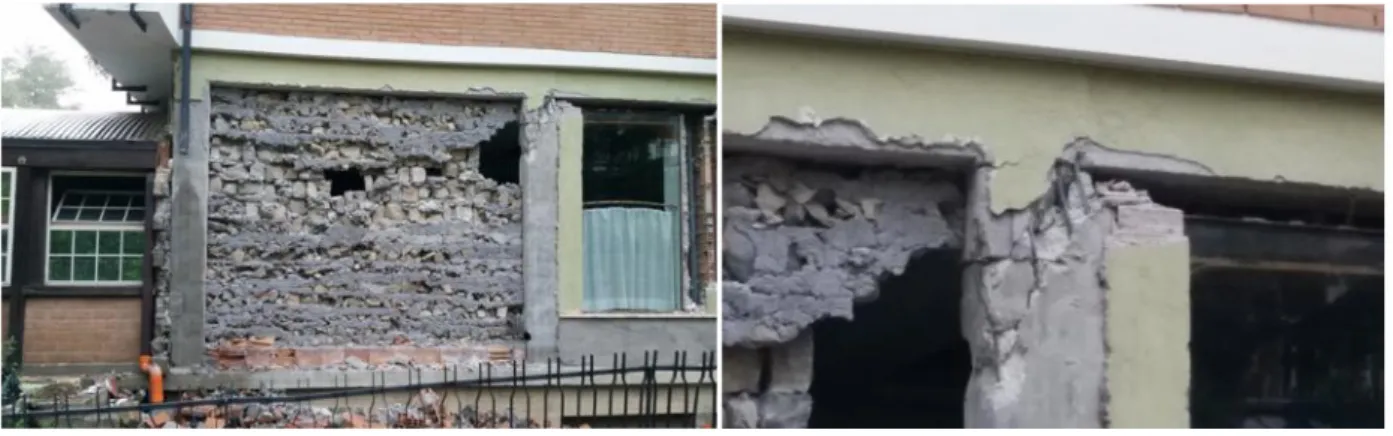 Figure 9. Damage to the brick masonry infill (left) and details of the column damage (right).
