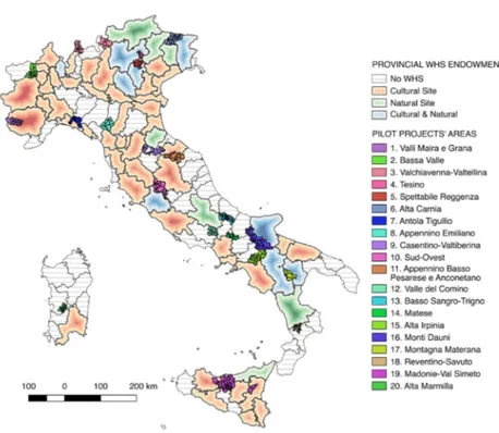 Fig. 1. Provincial WHS endowment and Pilot Project Areas by municipalities (Source: own  elaboration on SNAI plan documents and UNESCO Italy data)