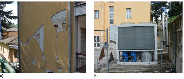 Fig. 2.3 – Amatrice hospital: a) Damage to the RC building and b) undamaged steel HVAC component  The  whole  damage  framework  after  the  August  seismic  events  forced  to  immediately  close  the  hospital  moving all the inpatients in the parking in