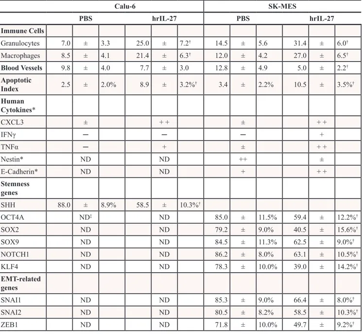 Table 3: Immunohistochemical analyses of tumors developed after subcutaneous injection of   Calu-6 or SK-MES cells in SCID/NOD and athymic NU/NU Mice, respectively, and treated with  PBS or hrIL-27 Calu-6 SK-MES PBS hrIL-27 PBS hrIL-27 Immune Cells Granulo