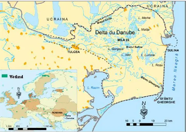 Figure 1. Wetlands of Europe. Location of the Danube Delta on the Romanian territory 