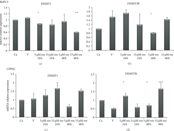 Figure 6: Quantitative real-time PCR. mRNA relative expression levels of DNMT1 and 3B in BxPC3 and CFPAC pancreatic cancer cell lines upon treatment with rosiglitazone at the indicated concentrations and time points.