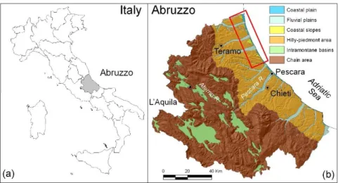 Figure 1. Location map of (a) the Abruzzo region and (b) of the study area in the main physiographic  domains of the Abruzzo region