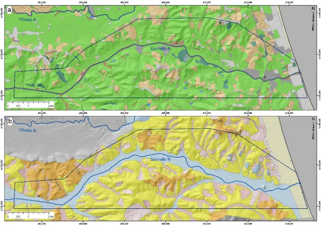 Figure 5. Lower Salinello area: (a) land use map (modified from land use map of the Abruzzo region  [64]) and (b) lithologic scheme (legend is in Figure 4, grid in UTM WGS84 coordinates)