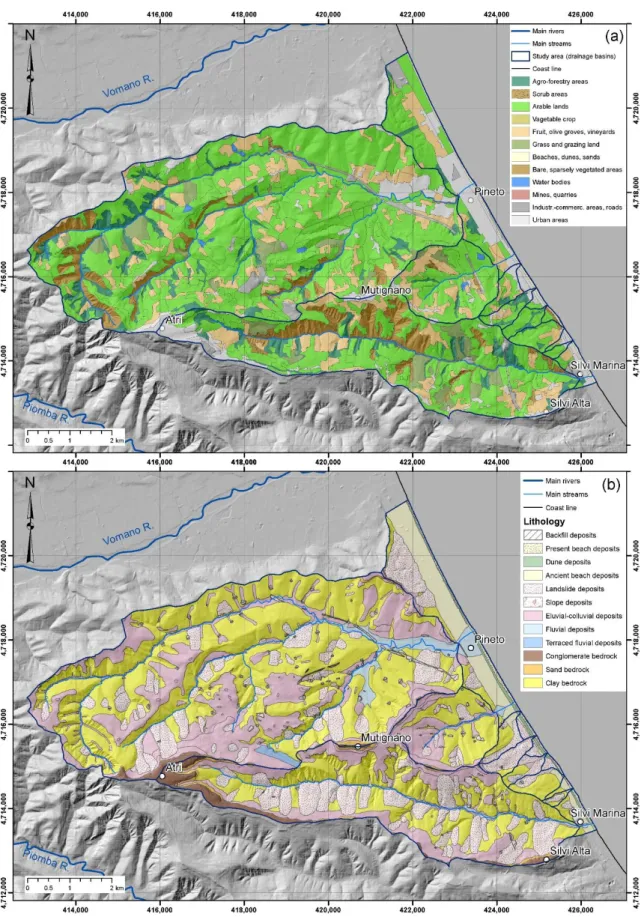 Figure 6. Pineto area: (a) land-use map (modified from land use map of the Abruzzo region [64]) and  (b) lithological scheme (modified from [60], grid in UTM WGS84 coordinates)