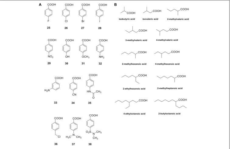 FIGURE 2 | Carboxylic acids investigated as bacterial CAIs. Aromatic carboxylic acids 25–38 (A); aliphatic carboxylic acids (B).