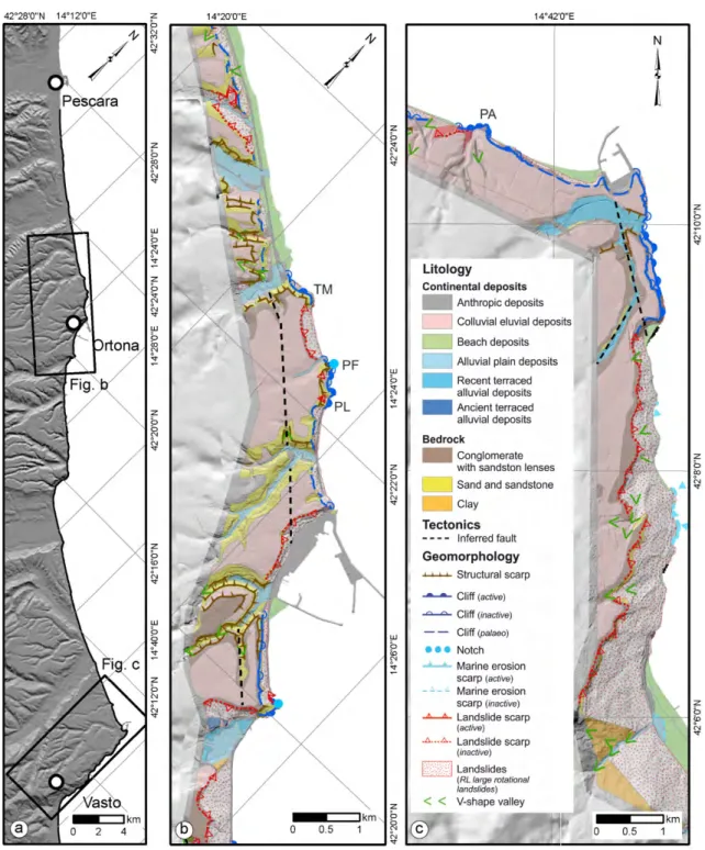 Figure 2. (a) Location of the studied areas; (b) schematic geomorphological map of the Ortona coastal  sector; (c) schematic geomorphological map of the Vasto coastal sector (modified from Miccadei et al