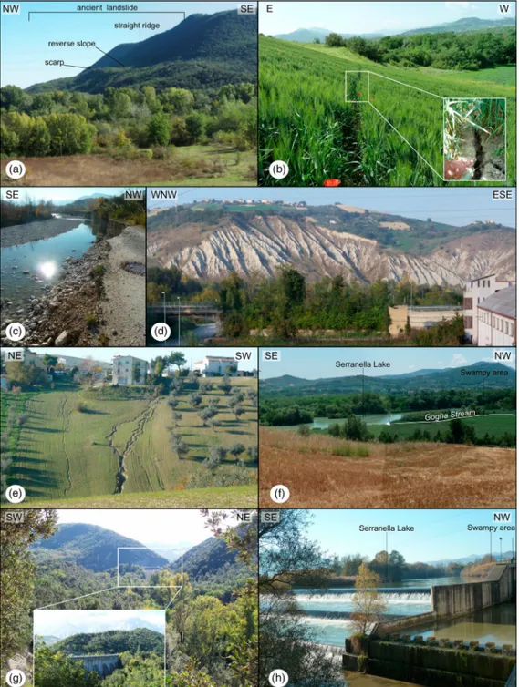 Figure 4. Geomorphological features of the study area; (a) complex ancient landslide; (b) gravity ﬁssure; (c) the ﬂuvial erosion scarp on a secondary road marks a riverbank retreat; (d) badlands area along the  Aven-tino River valley; (e) gully erosion in 