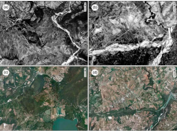 Figure 6. 1954 and 2009 aerial photos of the Aventino River between Casoli Lake and Serranella Lake document changes in river morphology: (a) 1954 and (c) 2009 images of the Casoli area; (b) 1954 and (d) 2009 images of the Serranella Lake area