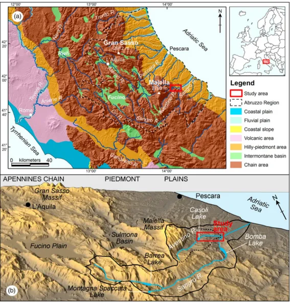 Figure 1. (a) Physiographic domains of Central Italy and (b) shaded relief of the southeastern Abruzzo Region (SRTM-90) with the main hydrographic elements characterizing the Aventino – Sangro river basin.